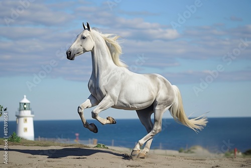 A majestic white horse gallops across a sandy beach with a lighthouse and the ocean in the background under a partly cloudy sky.