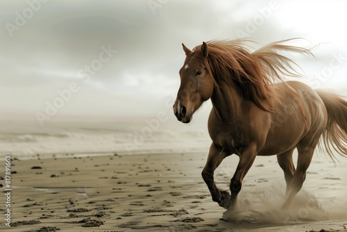 A brown horse with flowing mane gallops along a sandy beach under a cloudy sky, capturing freedom and motion.