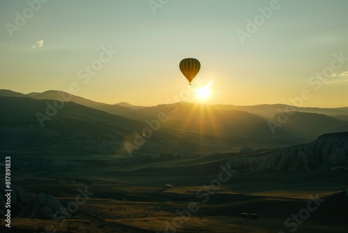 A hot air balloon floating over a mountainous landscape at sunrise, casting light over the rolling hills and creating a serene atmosphere.