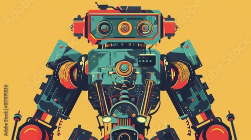 robot flat design front view industrial theme cartoon drawing Triadic Color Scheme