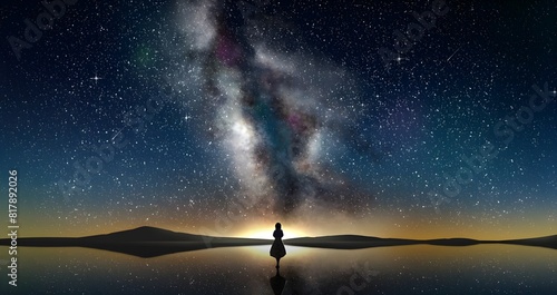 Man standing on lake with Milky Way in background. Generative AI photo