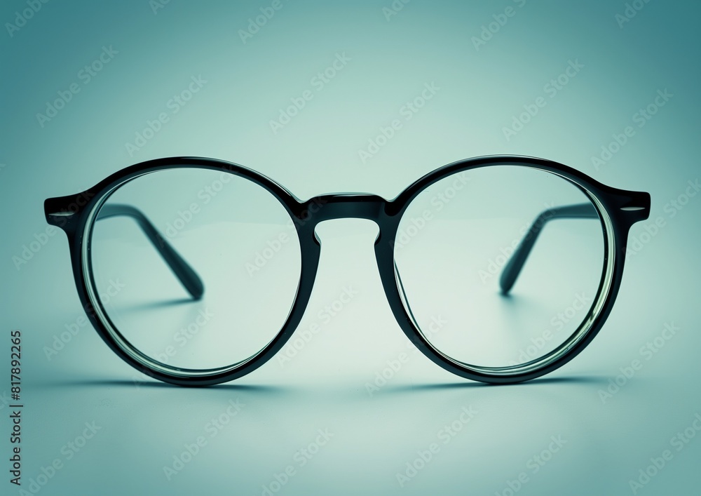 Modern Round Black Eyeglasses on Cool Blue Background Studio Shot Modern Round Black Eyeglasses on Cool Blue Background Studio Shot