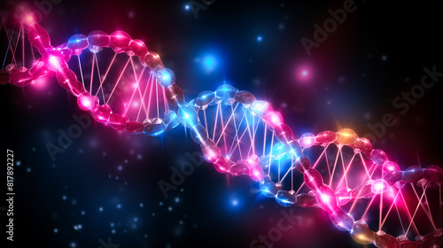 A DNA double helix with pink and blue neon lights against a dark background.