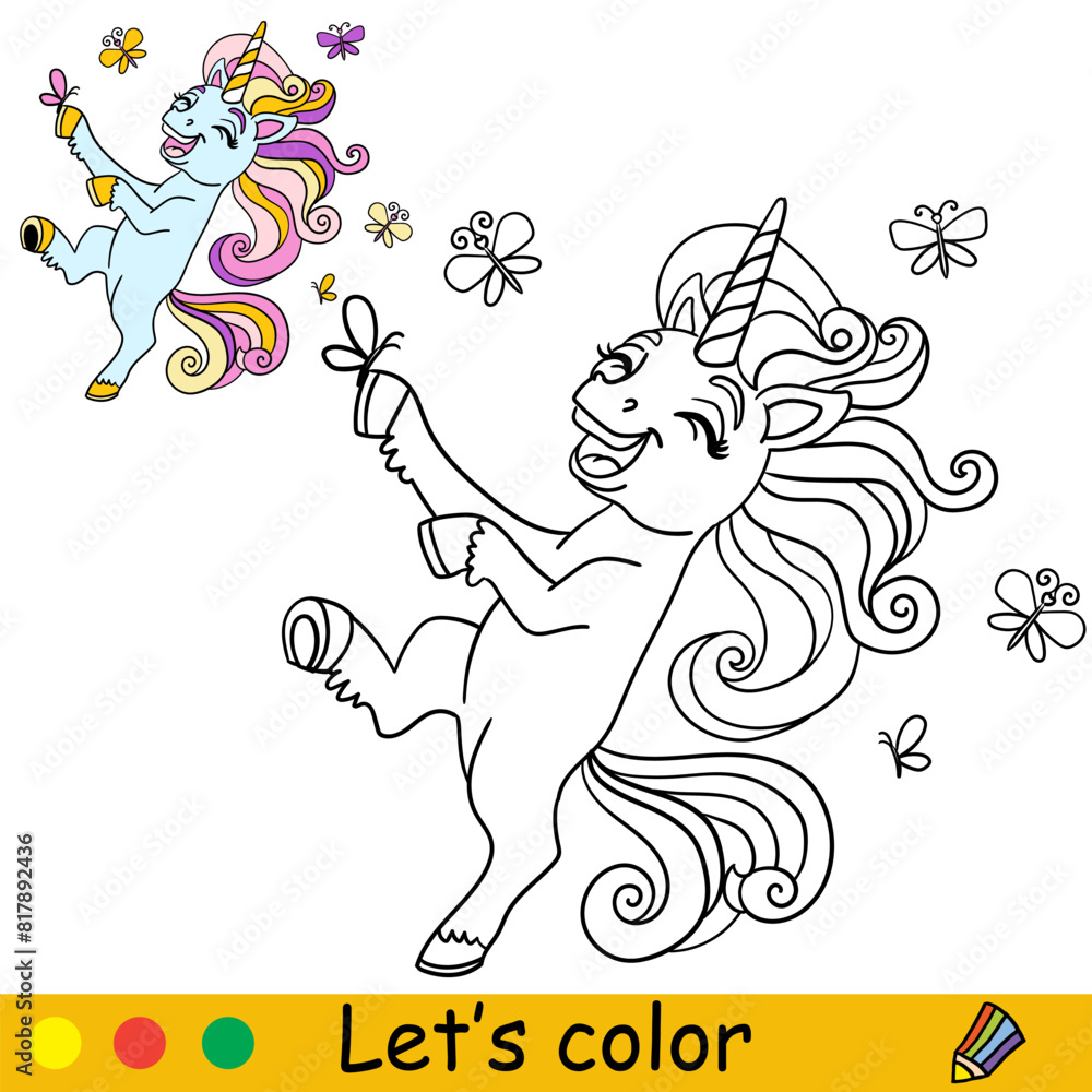 Obraz premium Kids coloring with cute dreaming unicorn with butterflies vector