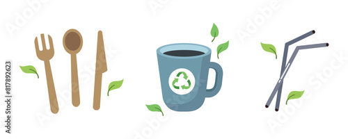 Set of eco friendly tableware items - reusable wooden cutlery, reusable ceramic cup, metal drinking straw. Zero waste concept. Vector illustration in cartoon style