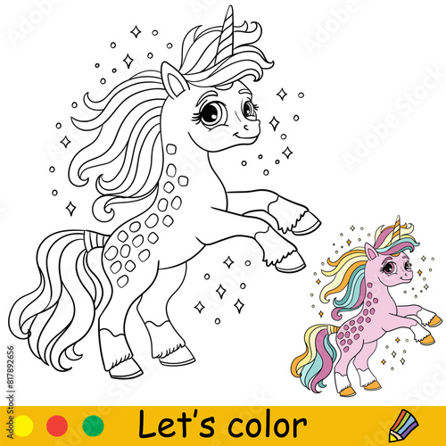 Coloring with color template unicorn with sparks vector