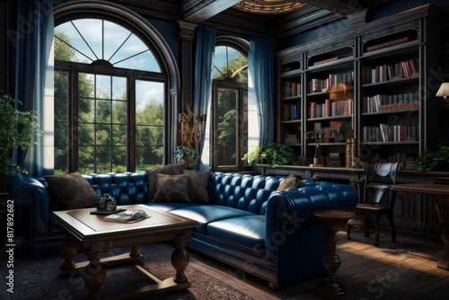 Crafting Dramatic Ambiance The Perfect Home Office with Leather and Literature. © ART IMAGE DOWNLOADS