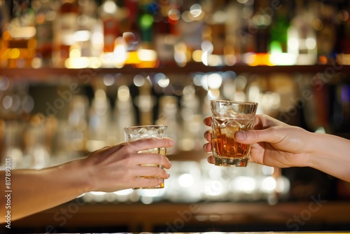 Two people toasting with glasses of whiskey on the rocks in a bar setting with a blurred background of bottles and lights.