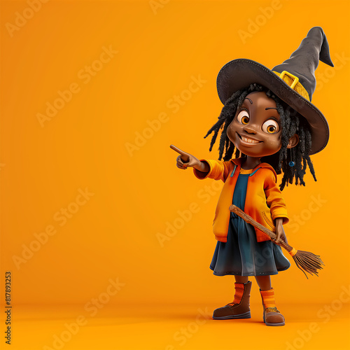 Halloween Black little girl in witch costume (10 years old, smiling, looking at camera, dreadlocks), pupil pointing with finger to the side on yellow background, hand pointing to empty space. 3D style