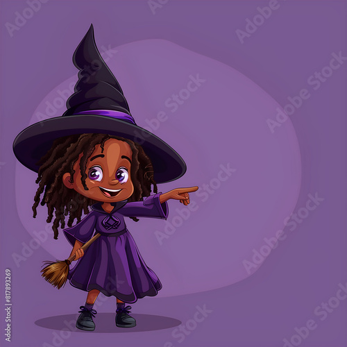 Halloween Black girl in witch costume (10 years old, smiling, looking at camera, dreadlocks), student pointing finger to side on purple background, hand pointing to empty space. Cartoon