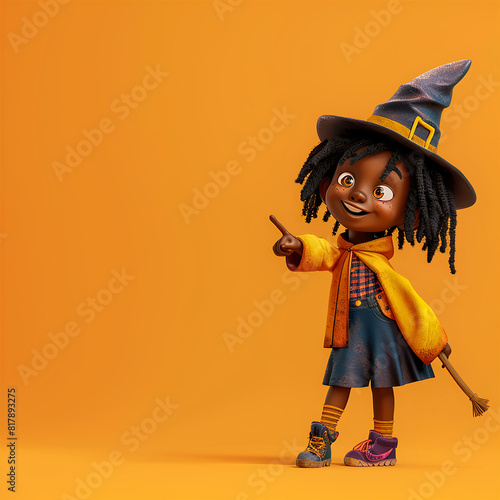Halloween Black little girl in witch costume (10 years old, smiling, looking at camera, dreadlocks), pupil pointing with finger to the side on yellow background, hand pointing to empty space. 3D style