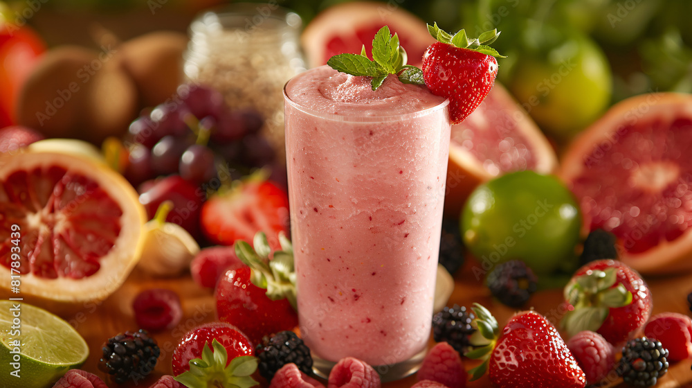 a glass of vivid colorful fruit smoothie with fruits all around a glass of vivid colorful fruit smoothie with fruits all around