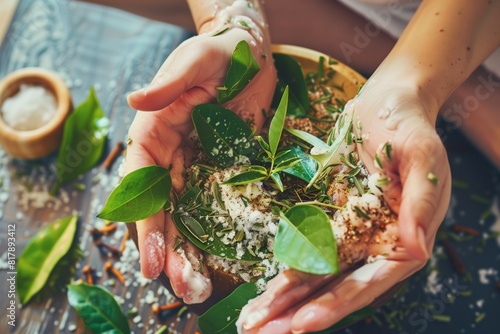 Close-up of hands holding fresh green leaves, spices, and coarse sea salt, suggesting natural skincare or homemade spa treatments. photo