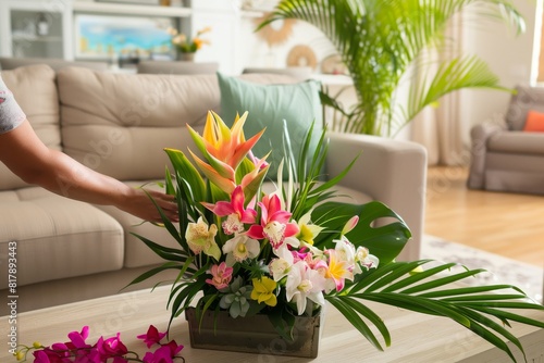 Vibrant floral arrangement with tropical flowers and lush green leaves on a wooden table in a cozy living room with modern decor.