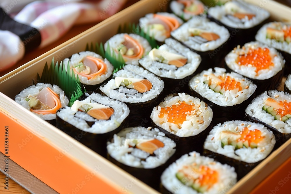 Assorted sushi rolls neatly arranged in a wooden box, featuring ingredients like salmon, avocado, cream cheese, and fish roe.