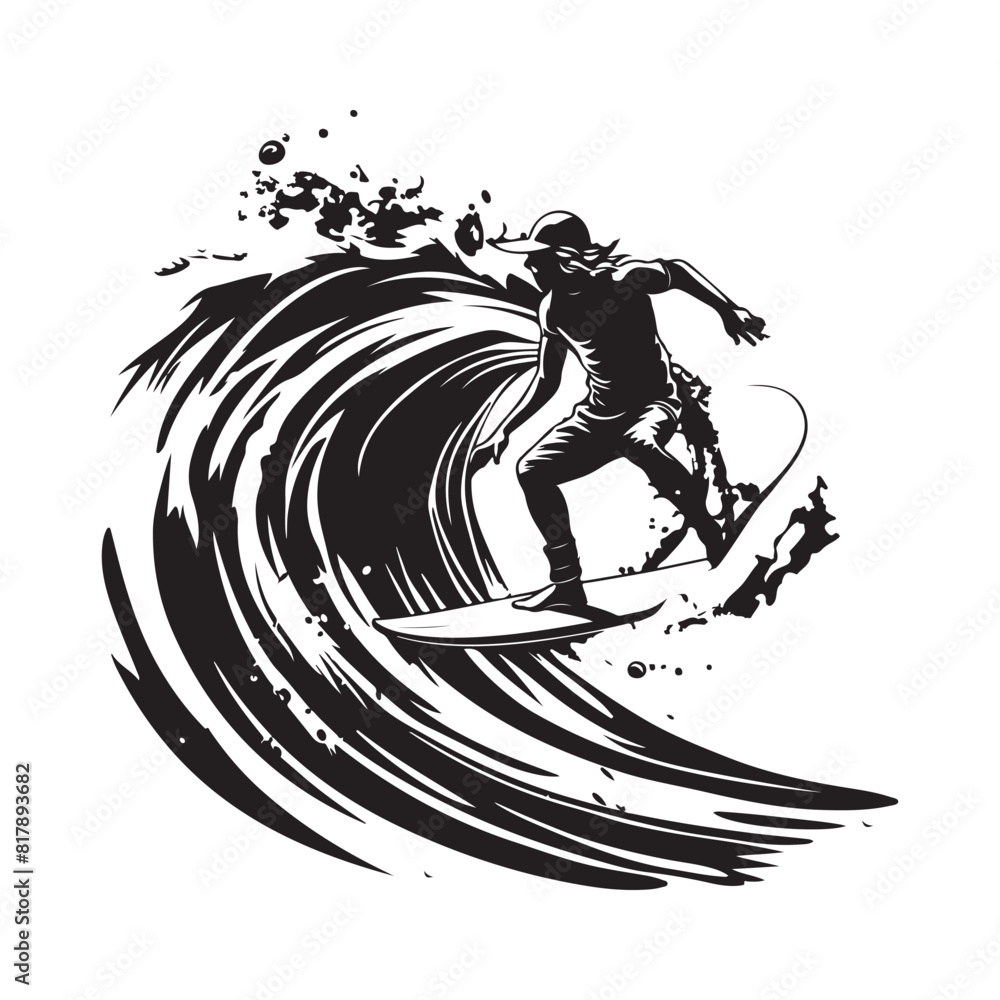 Surfer in motion on the ocean wave silhouette vector isolated on white Surfer in motion on the ocean wave silhouette vector isolated on white