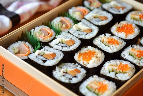 Assorted sushi rolls neatly arranged in a wooden box, featuring ingredients like salmon, avocado, cream cheese, and fish roe.