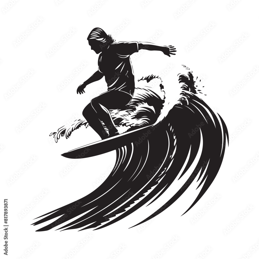 Surfer in motion on the ocean wave silhouette vector isolated on white Surfer in motion on the ocean wave silhouette vector isolated on white