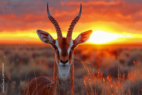the splendor of the setting sun seen through the sweeping antlers of an antelope, with a vast desert landscape ablaze with fiery hues of red and orange photo