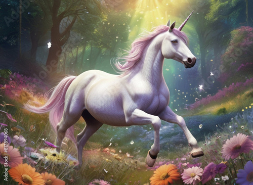 In a whimsically enchanting magical landscape a dazzling dreamlike rainbow unicorn gallops in a meadow of pastel-hued flowers