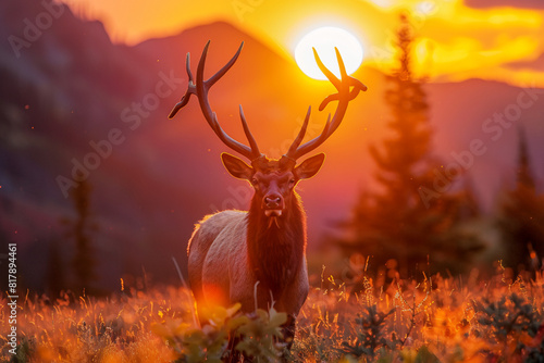 the sun setting between the majestic antlers of an elk, with the vibrant colors of the sunset reflecting off the elk's coat and the surrounding mountain landscape