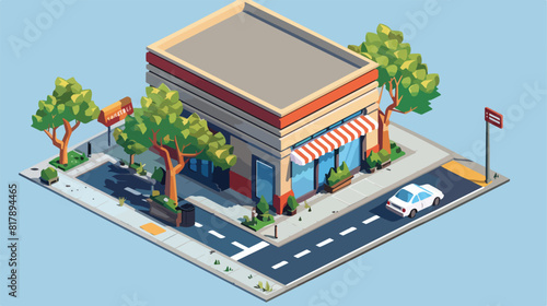 Store building exterior with landscape isometric vector