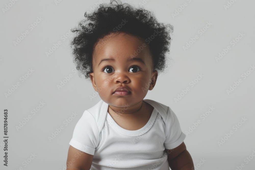 Adorable African-American Infant in white bodysuit with Curly Hair in White Onesie Adorable African-American Infant in white bodysuit with Curly Hair in White Onesie