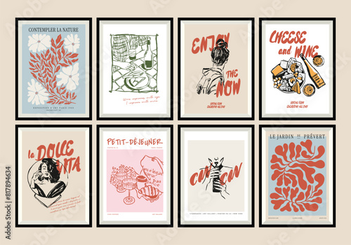 Minimal hand drawn vector dolce vita illustration set with aesthetic quote in a poster frame. Matisse style illustrations.	
