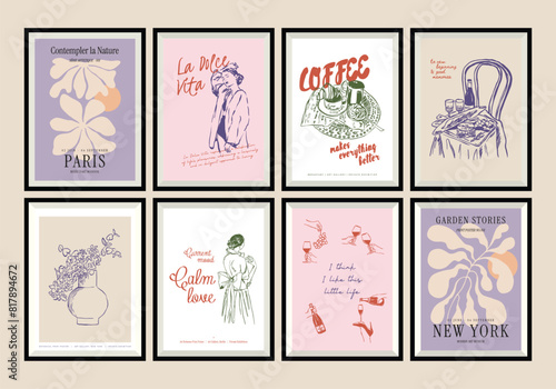 Minimal hand drawn vector dolce vita illustration set with aesthetic quote in a poster frame. Matisse style illustrations.	
