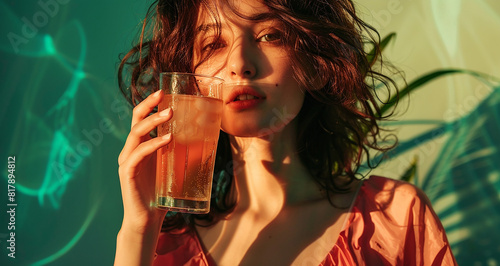 a girl holding coldrink in glass with green background