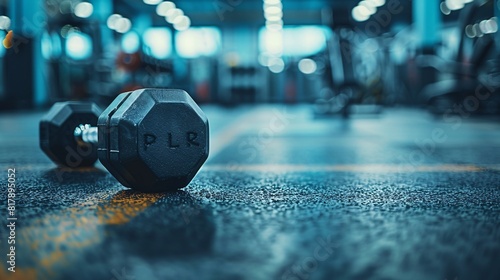 a dumbbell on the gym floor, with a variety of workout machines subtly blurred in the background, leaving space for text