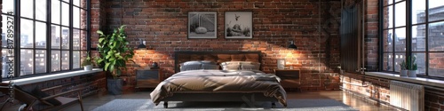 Industrial Chic A Contemporary D Rendered Bedroom Featuring Minimalist Decor and Raw Elements photo