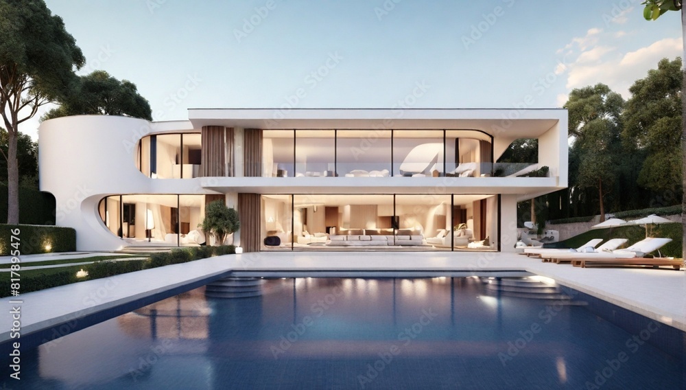 Fototapeta premium 3D rendering of Impressive villa with pool at the end of the day 