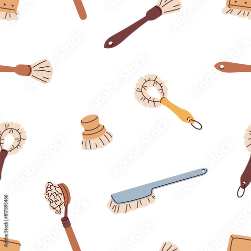 Brushes, eco cleaning tools, seamless pattern design. Natural bristles, endle...