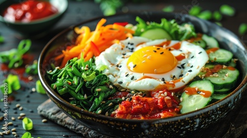 bibimbap korean dish with assorted veggies, a poached egg, spicy gochujang sauce a vibrant and flavorful staple of korean cuisine