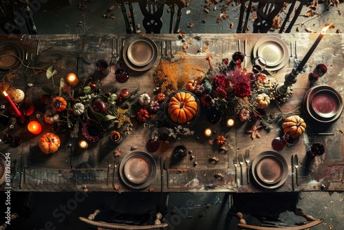 Elegant Autumn Dinner Table Setting with Pumpkins and Leaves photo