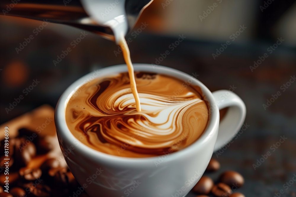 Close-up of a barista pouring steamed milk into a cup of coffee creating beautiful latte art. Coffee beans are scattered beside the cup. Close-up of a barista pouring steamed milk into a cup of coffee creating beautiful latte art. Coffee beans are scattered beside the cup.