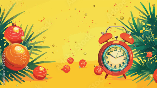 Stylish clock with Christmas balls on yellow background