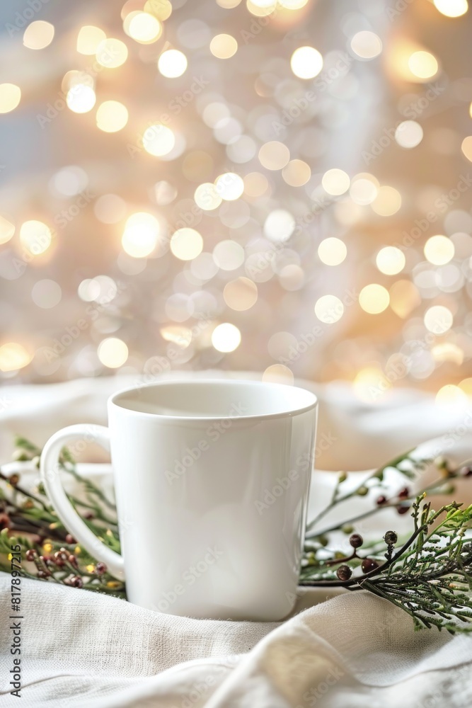 Fototapeta premium Cozy Winter Warmth: Mug, Pine Cones, and Twinkling Lights