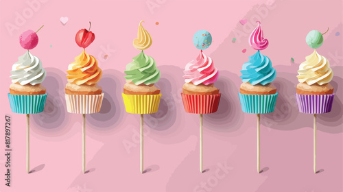 Stylish cupcake toppers on color background Vectot style photo