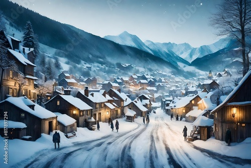A watercolor landscape of a snowy village with twinkling lights photo