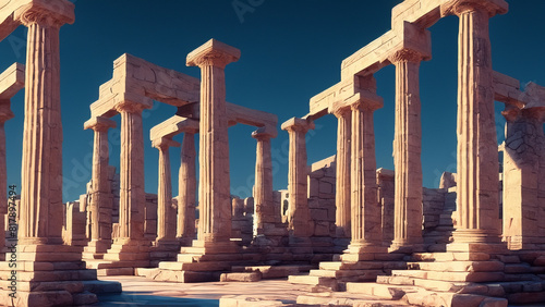 fantasy ancient greek temple with stone statues and columns and arches. Generative AI photo