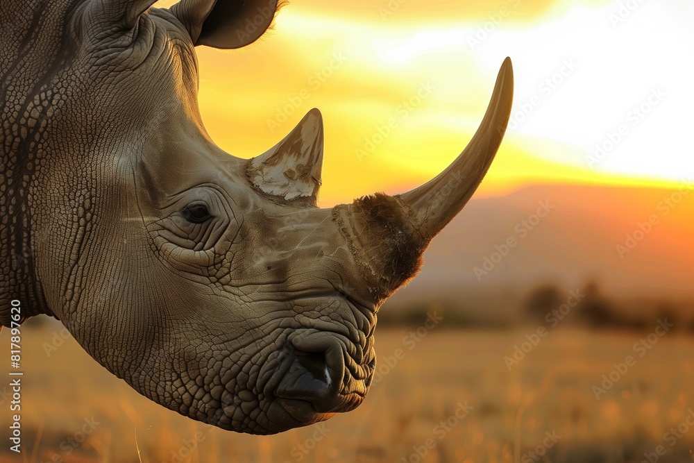 Fototapeta premium Close-up of a rhino's head and horn against a vibrant sunset, highlighting the animal's textured skin and the serene landscape in the background.