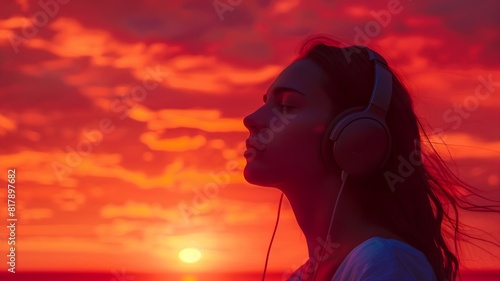  An enchanting scene of a girl adorned with exquisite headphones, set against a soft, pastel red backdrop, radiating timeless beauty and grace. . 