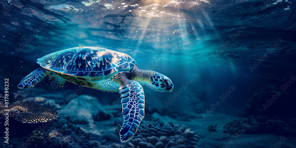 Fototapeta premium the green sea turtle swimming underwater, clear ocean water seabed, copy space for text