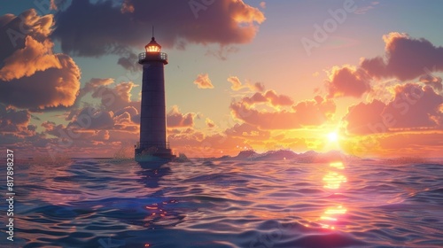 lighthouse in the ocean at sunset realistic