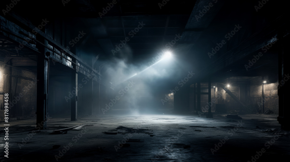 Dimly Lit Abandoned Warehouse with Fog