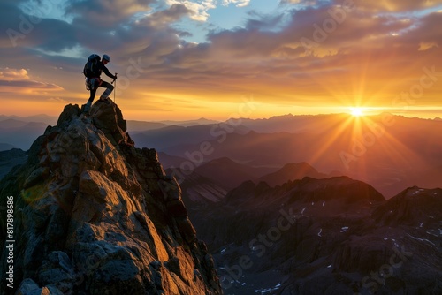 A climber standing on a rocky mountain peak at sunset, with gear and a backpack, overlooking a mountainous landscape and a vibrant sky.