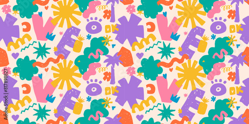 Seamless pattern with colorful abstract shapes, palms, eyes, hearts, suns. Retro 80s, 90s style. Groovy, hippie endless wallpaper, fabric print.