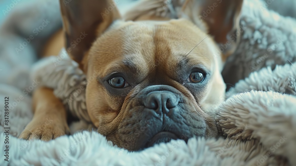 A close-up shot of a fluffy, content French Bulldog, perfect for a dog spa business A close-up shot of a fluffy, content French Bulldog, perfect for a dog spa business
